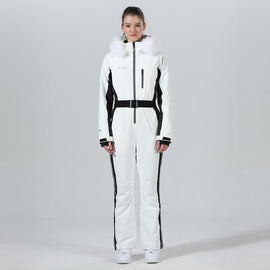 High Experience Women's Fur Chic Hood One Piece Ski Jumpsuit