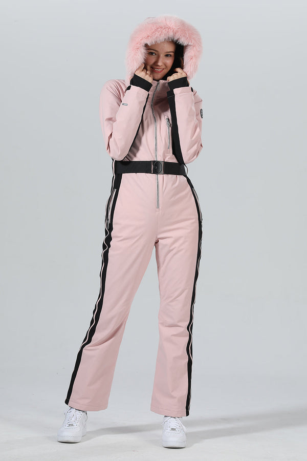 High Experience Women's Winter Fur Hood Chic One Piece Ski Jumpsuit